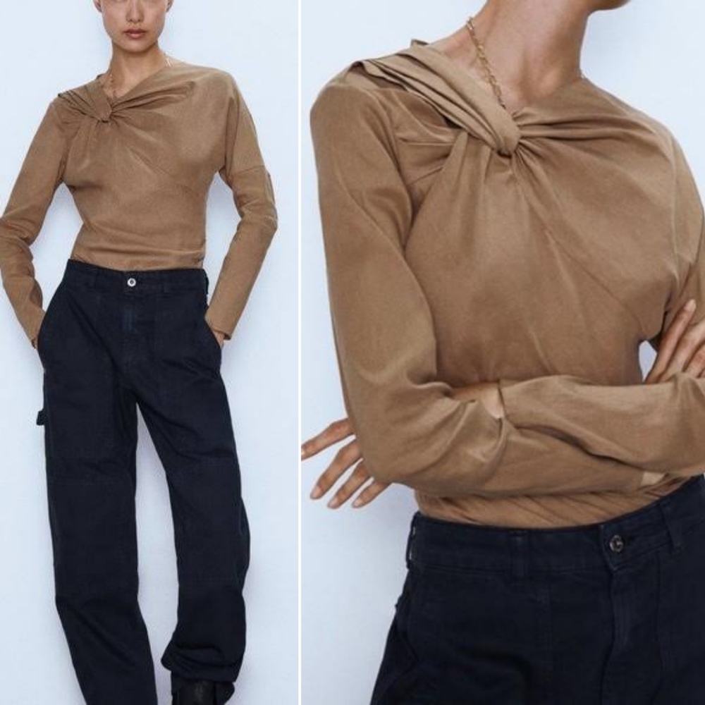 Zara Tan Knotted Long Sleeve Top